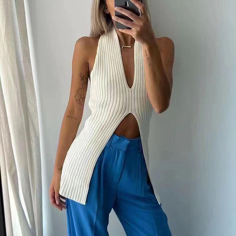 Yedinas Streetwear Knitted Sleeveless Tank Top Women V Neck Split Korean Fashion Cropped Feminino  Summer Ladies Tops Y2k