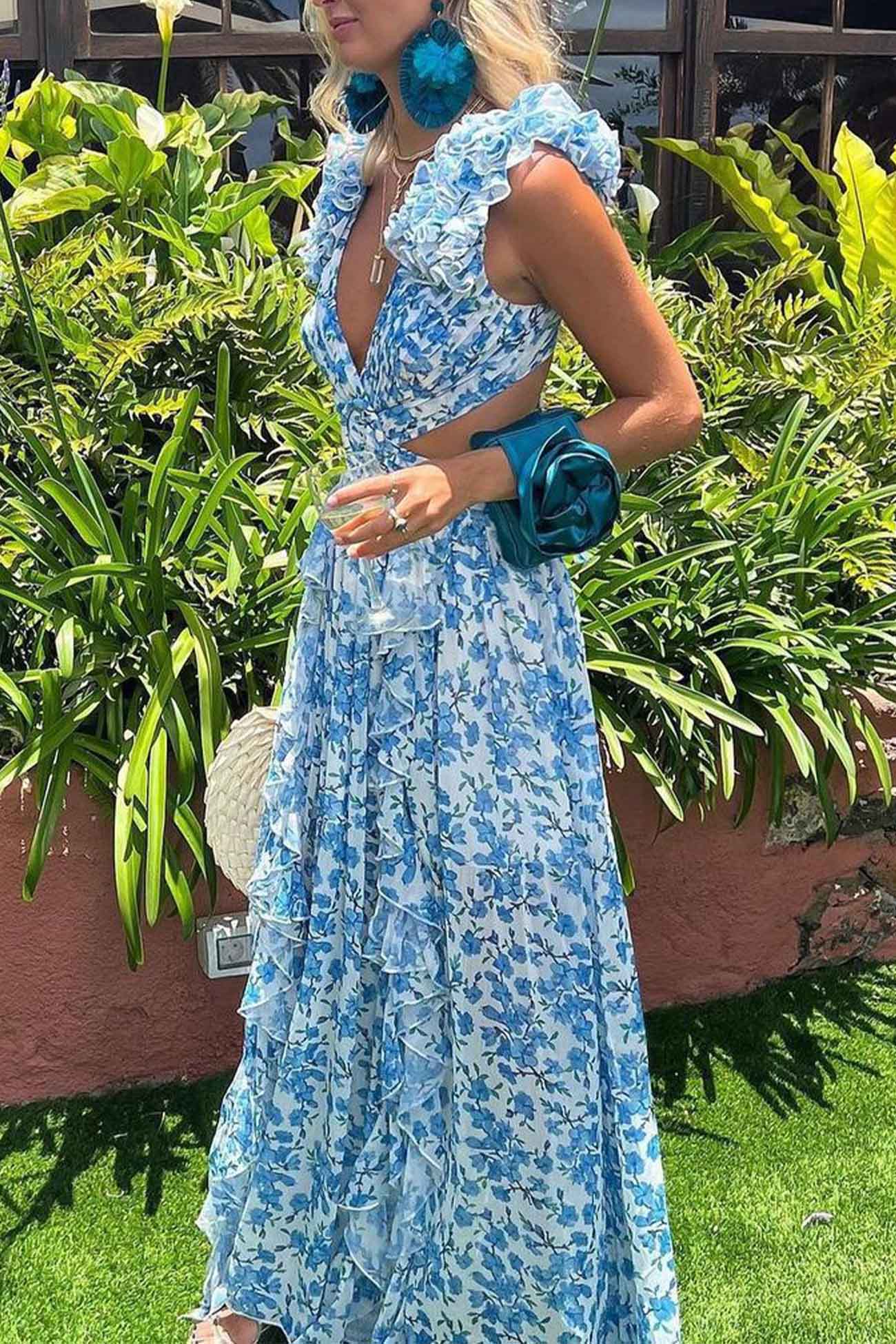 Women’s Deep V-Neck Ruffled Sleeve Cut-Out Waist High Slit Skirt Maxi Dress