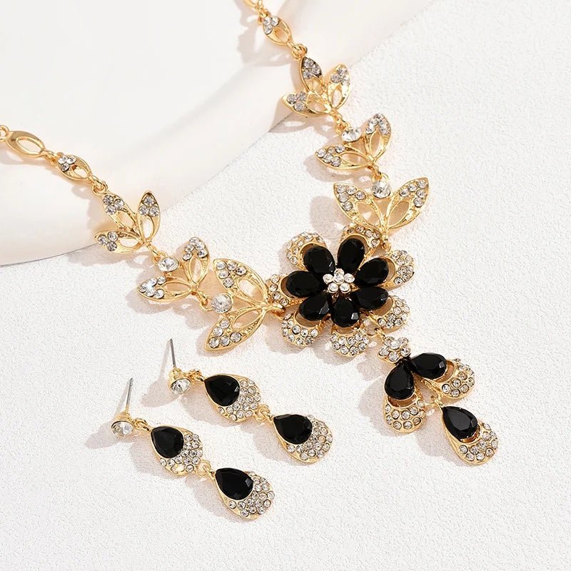 Floral Black and Gold Diamond Necklace and Earring Set – Elegant Jewelry Collection