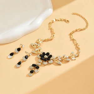 Floral Black and Gold Diamond Necklace and Earring Set – Elegant Jewelry Collection