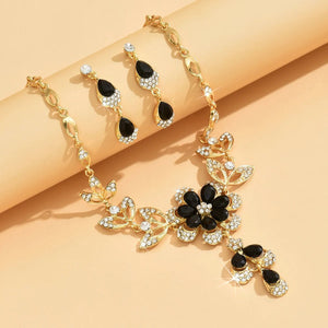 Floral Black and Gold Diamond Necklace and Earring Set – Elegant Jewelry Collection