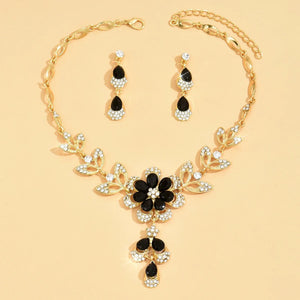 Floral Black and Gold Diamond Necklace and Earring Set – Elegant Jewelry Collection