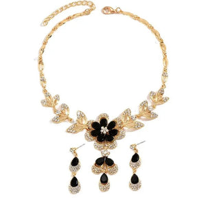 Floral Black and Gold Diamond Necklace and Earring Set – Elegant Jewelry Collection