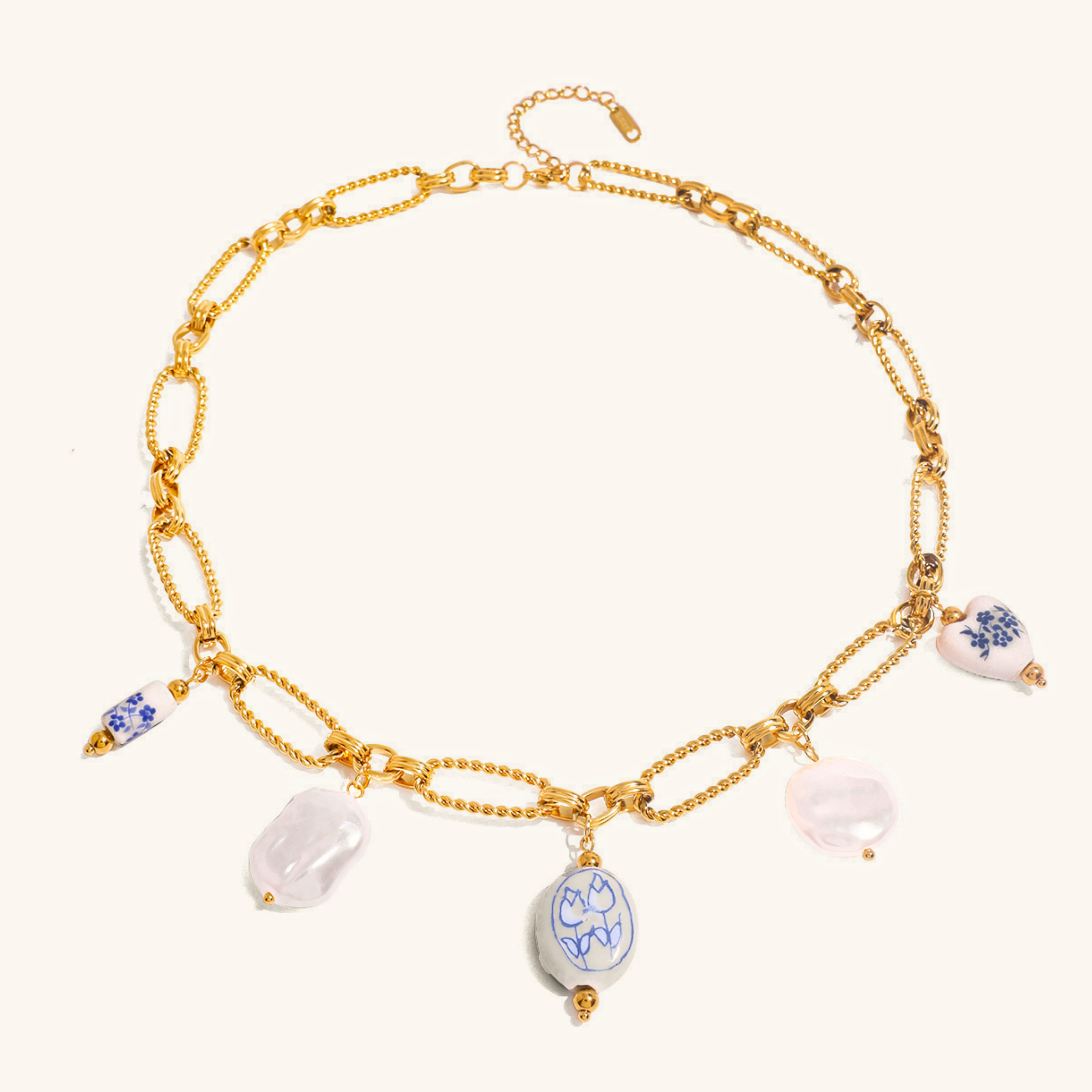 Freshwater Pearl Necklace with Gold Chain and Blue Accents – Waterproof, Hypoallergenic, 18-Inch Length