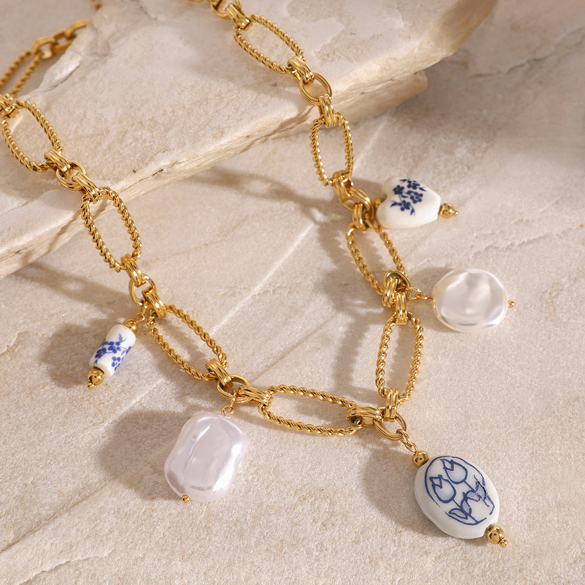 Freshwater Pearl Necklace with Gold Chain and Blue Accents – Waterproof, Hypoallergenic, 18-Inch Length