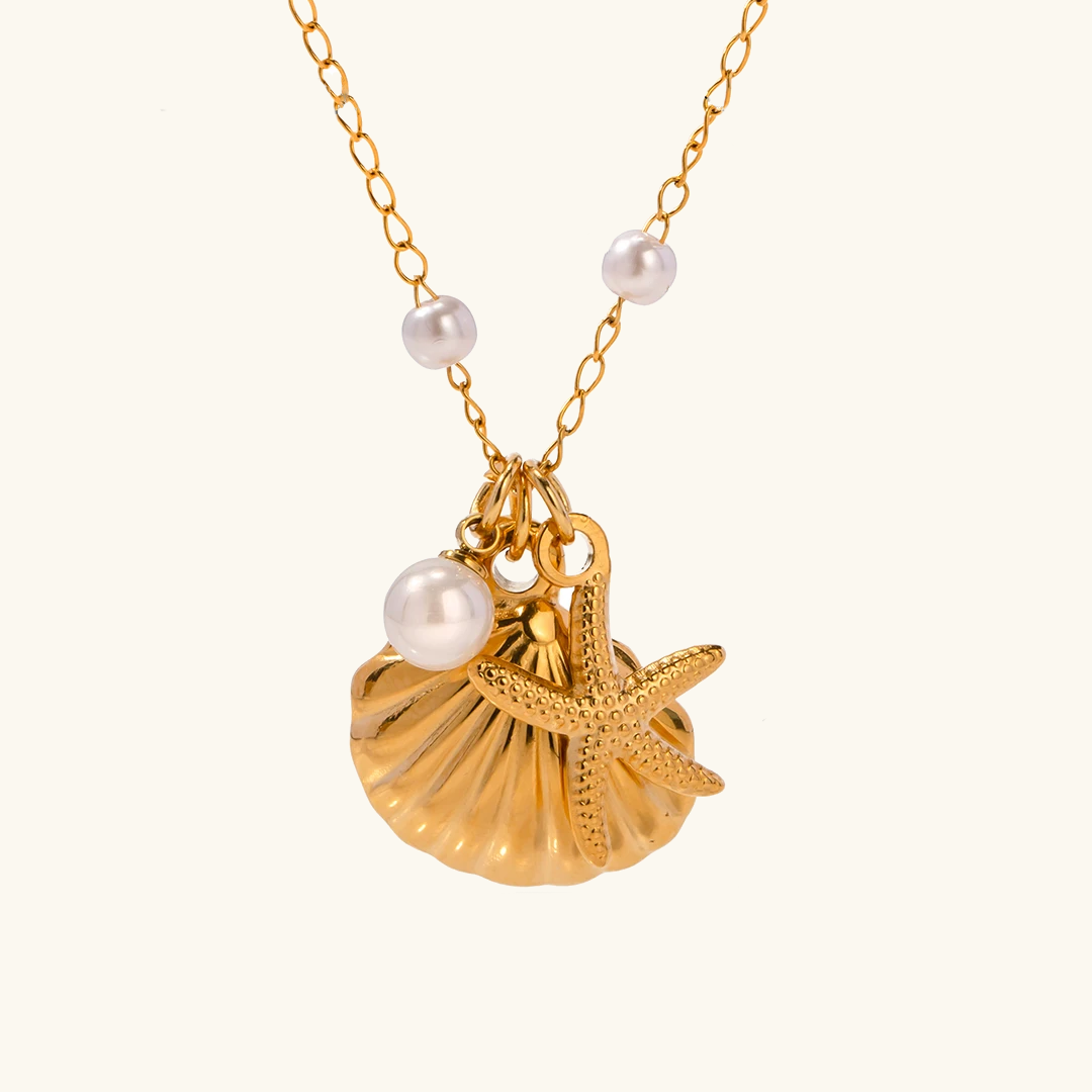 Freshwater Pearl Necklace with Sea Shell and Starfish Pendants – 18k Gold-Plated Coastal Jewelry for Women