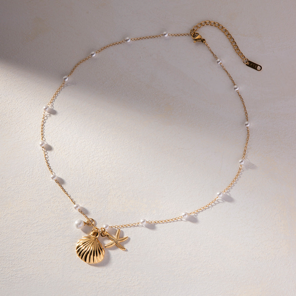 Freshwater Pearl Necklace with Sea Shell and Starfish Pendants – 18k Gold-Plated Coastal Jewelry for Women