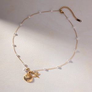 Freshwater Pearl Necklace with Sea Shell and Starfish Pendants – 18k Gold-Plated Coastal Jewelry for Women