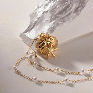 Freshwater Pearl Necklace with Sea Shell and Starfish Pendants – 18k Gold-Plated Coastal Jewelry for Women