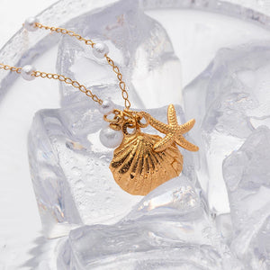 Freshwater Pearl Necklace with Sea Shell and Starfish Pendants – 18k Gold-Plated Coastal Jewelry for Women