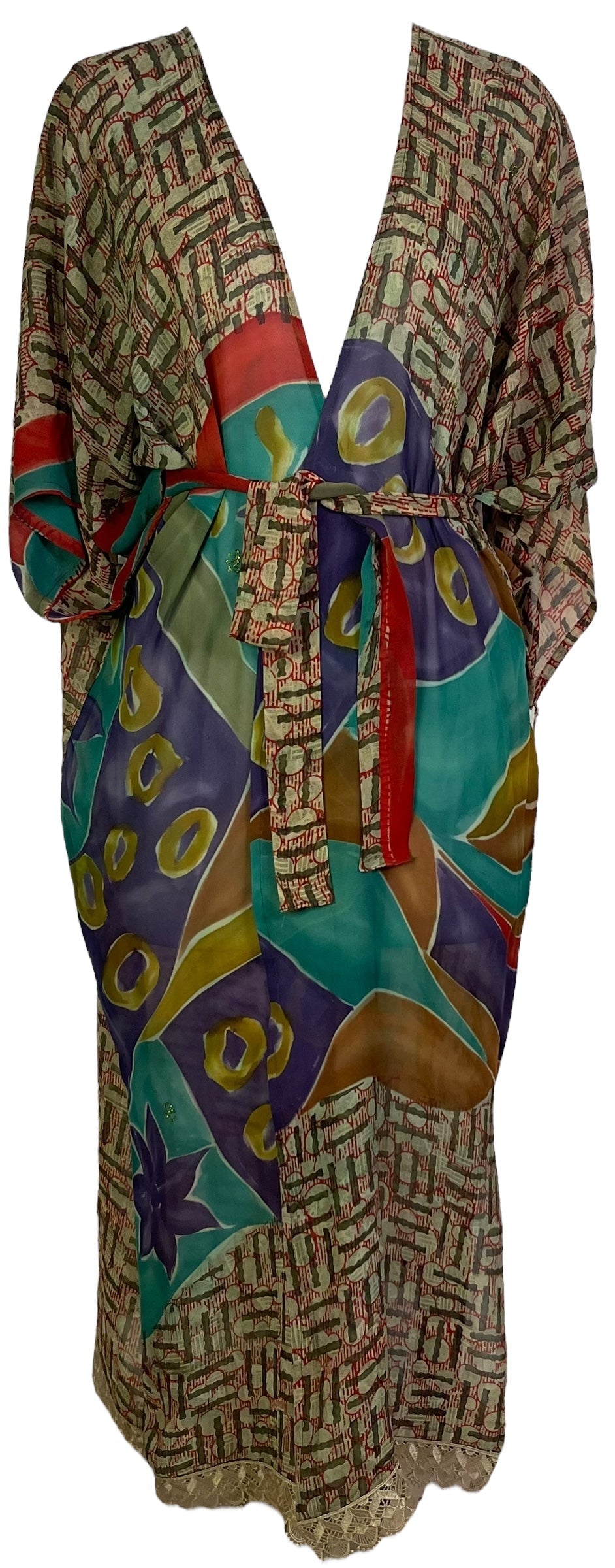 PRG6784 Sheer Avatar Long Pure Silk Kimono Sleeved Duster with Belt