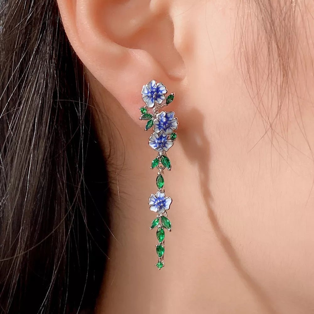 Glossy Blue Floral Dangling Earrings with Cubic Zirconia – Elegant Spring-Inspired Jewelry