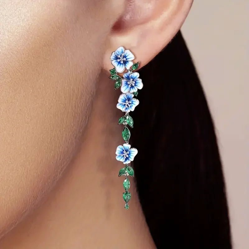 Glossy Blue Floral Dangling Earrings with Cubic Zirconia – Elegant Spring-Inspired Jewelry