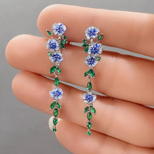 Glossy Blue Floral Dangling Earrings with Cubic Zirconia – Elegant Spring-Inspired Jewelry