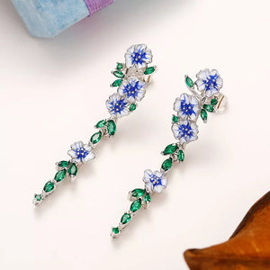 Glossy Blue Floral Dangling Earrings with Cubic Zirconia – Elegant Spring-Inspired Jewelry