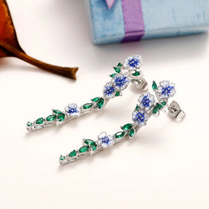 Glossy Blue Floral Dangling Earrings with Cubic Zirconia – Elegant Spring-Inspired Jewelry