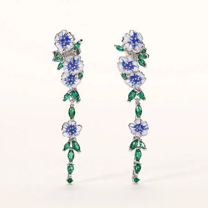 Glossy Blue Floral Dangling Earrings with Cubic Zirconia – Elegant Spring-Inspired Jewelry