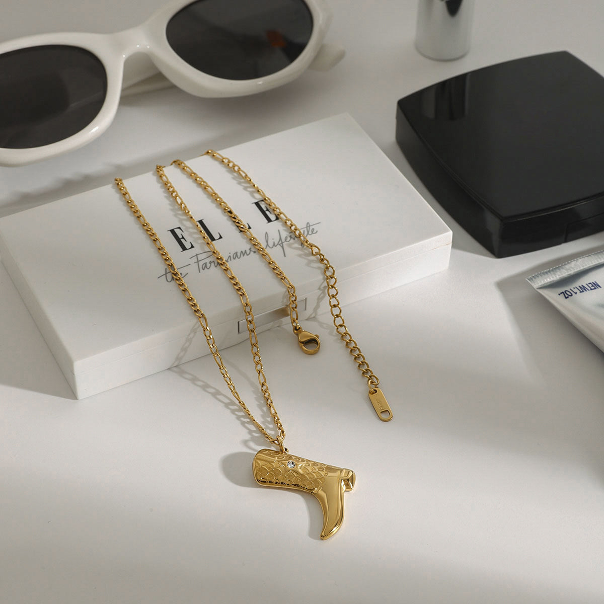 Gold Boot Pendant Necklace for Women – 18k Gold-Plated Stainless Steel with Diamond Simulants, Western Style Charm