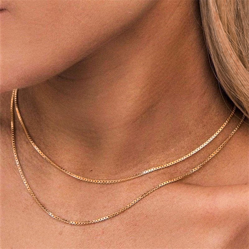 Gold Box Chain Necklace for Women – Adjustable 14k Gold Chain with Square Links, Hypoallergenic and Water-Resistant
