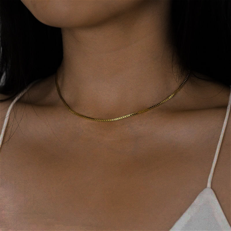 Gold Box Chain Necklace for Women – Adjustable 14k Gold Chain with Square Links, Hypoallergenic and Water-Resistant