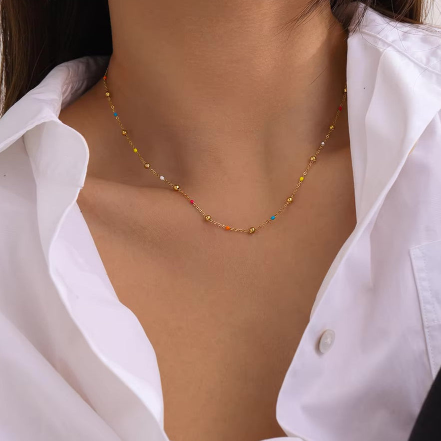 Gold Chain Bead Necklace for Women with Colorful Accents – Waterproof Hypoallergenic 18k Gold Plated Jewelry