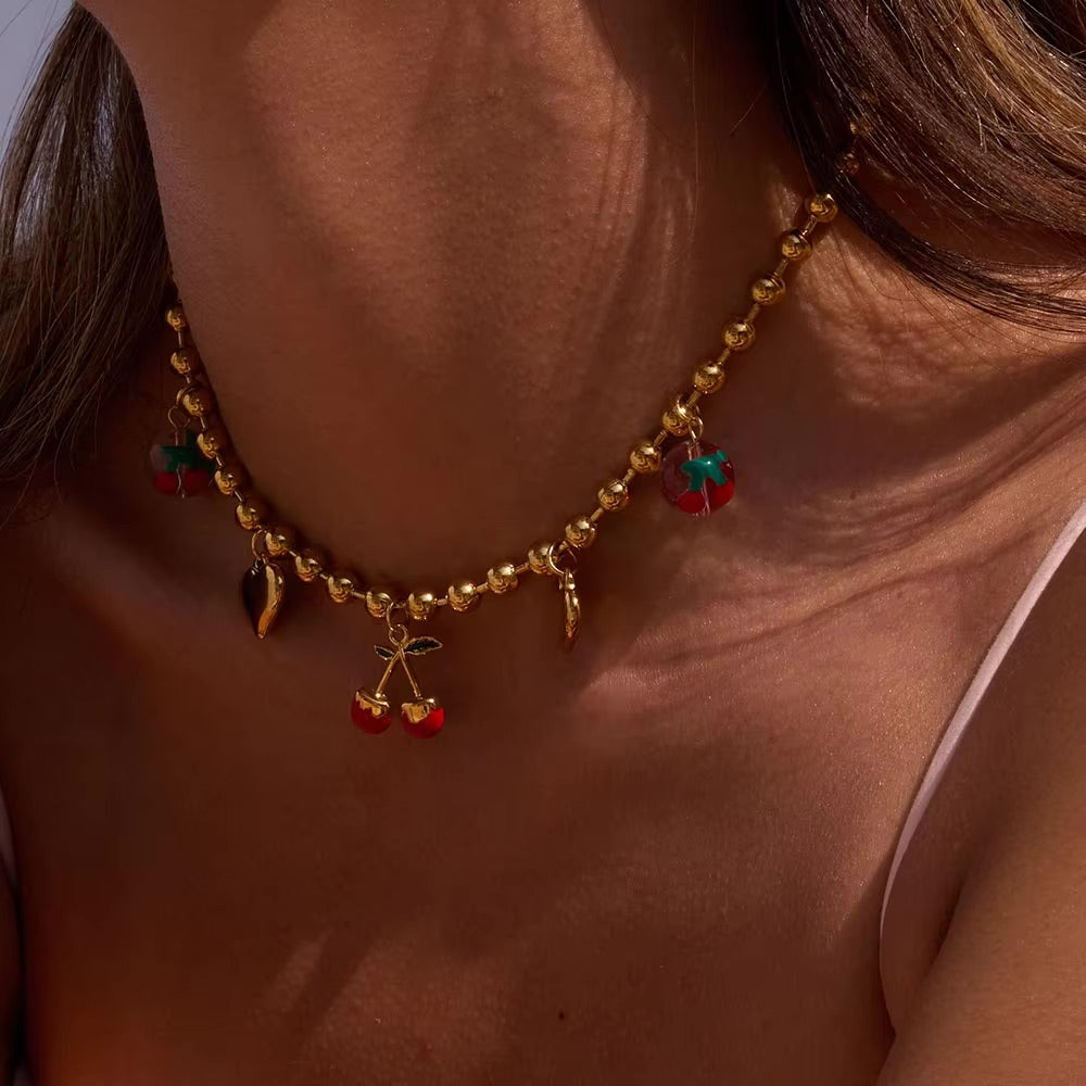 Gold Cherry Heart Necklace for Women – Waterproof, Hypoallergenic, Adjustable 16-Inch Chain with 2-Inch Extension