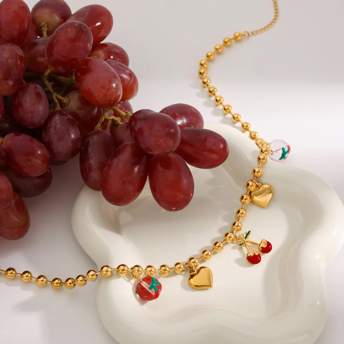 Gold Cherry Heart Necklace for Women – Waterproof, Hypoallergenic, Adjustable 16-Inch Chain with 2-Inch Extension