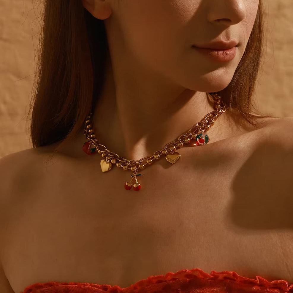 Gold Cherry Heart Necklace for Women – Waterproof, Hypoallergenic, Adjustable 16-Inch Chain with 2-Inch Extension