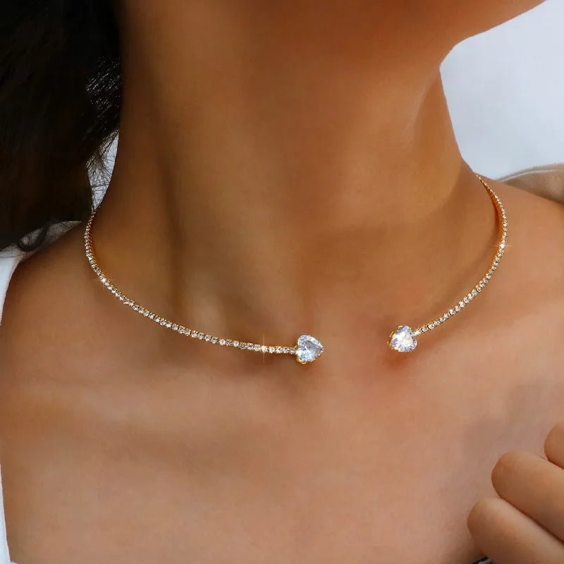 Gold Choker Necklace with Diamond Heart Design – Adjustable Open Cuff for Women, Elegant Statement Jewelry