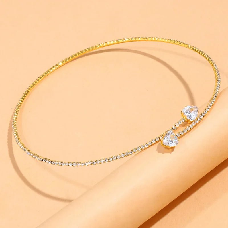 Gold Choker Necklace with Diamond Heart Design – Adjustable Open Cuff for Women, Elegant Statement Jewelry