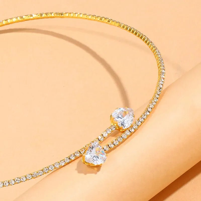 Gold Choker Necklace with Diamond Heart Design – Adjustable Open Cuff for Women, Elegant Statement Jewelry