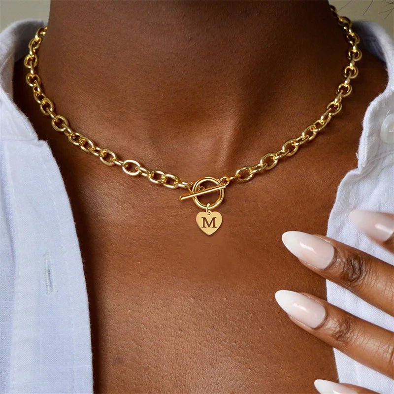 Gold Choker Necklace with Heart Initial Pendant – Personalized Paperclip Chain Jewelry for Women