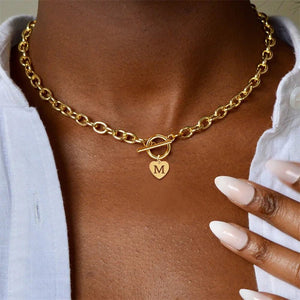 Gold Choker Necklace with Heart Initial Pendant – Personalized Paperclip Chain Jewelry for Women