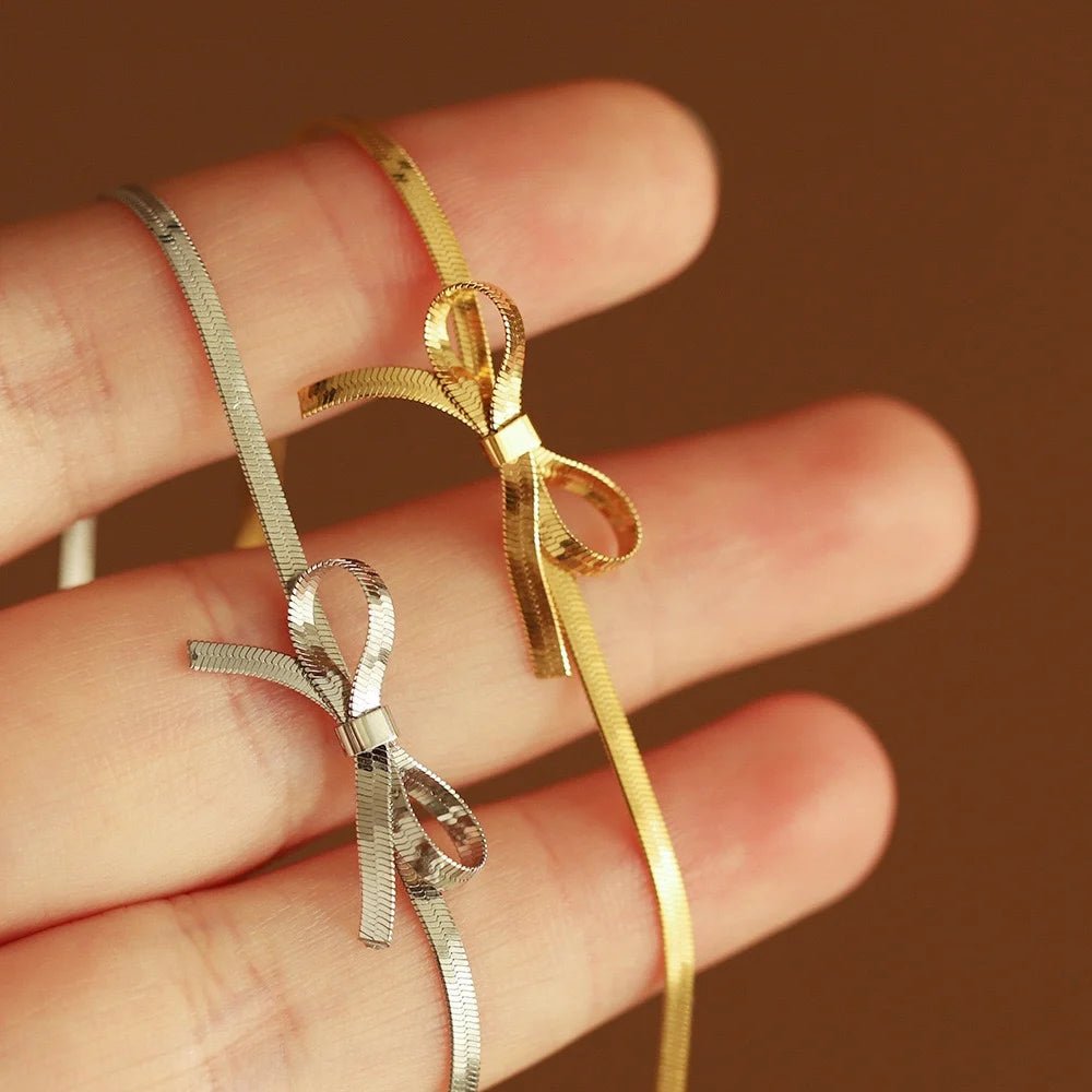 Gold Dainty Bow Necklace for Women – Elegant Stainless Steel Jewelry with Extender, Lightweight and Stylish