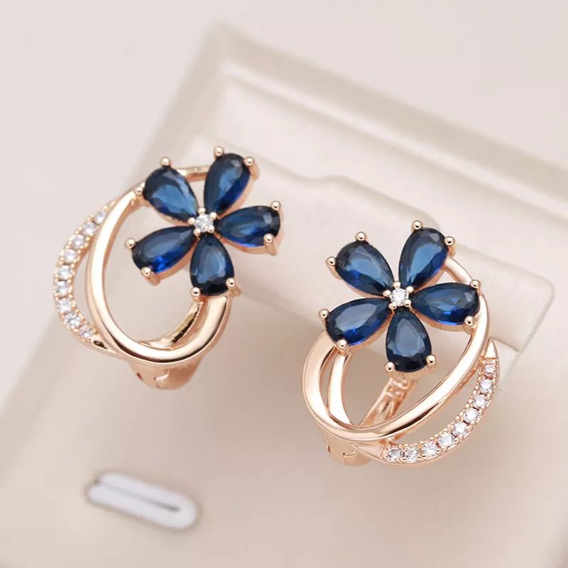 Gold Floral Earrings for Women with Blue Zircon Crystals – Elegant Five-Petal Design