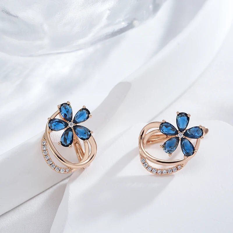 Gold Floral Earrings for Women with Blue Zircon Crystals – Elegant Five-Petal Design