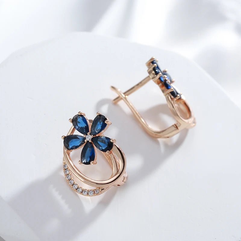 Gold Floral Earrings for Women with Blue Zircon Crystals – Elegant Five-Petal Design