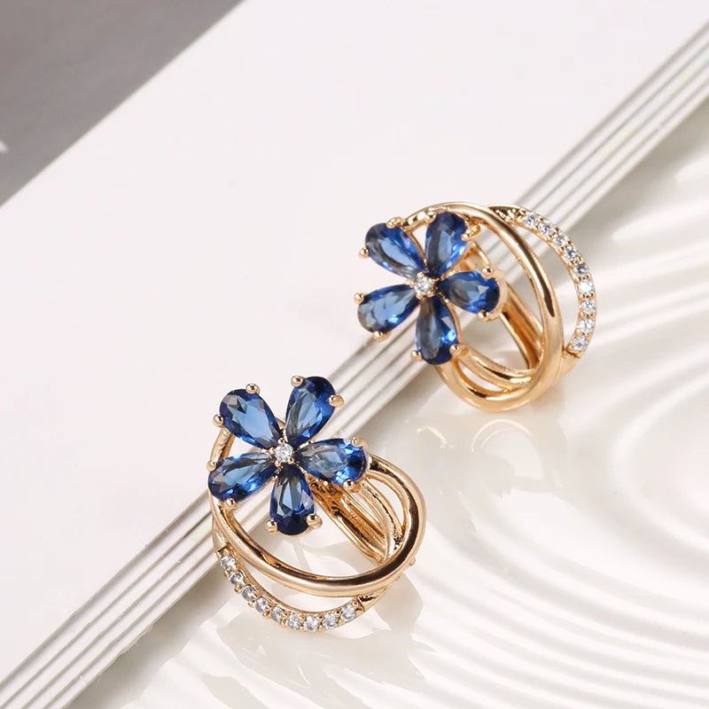 Gold Floral Earrings for Women with Blue Zircon Crystals – Elegant Five-Petal Design