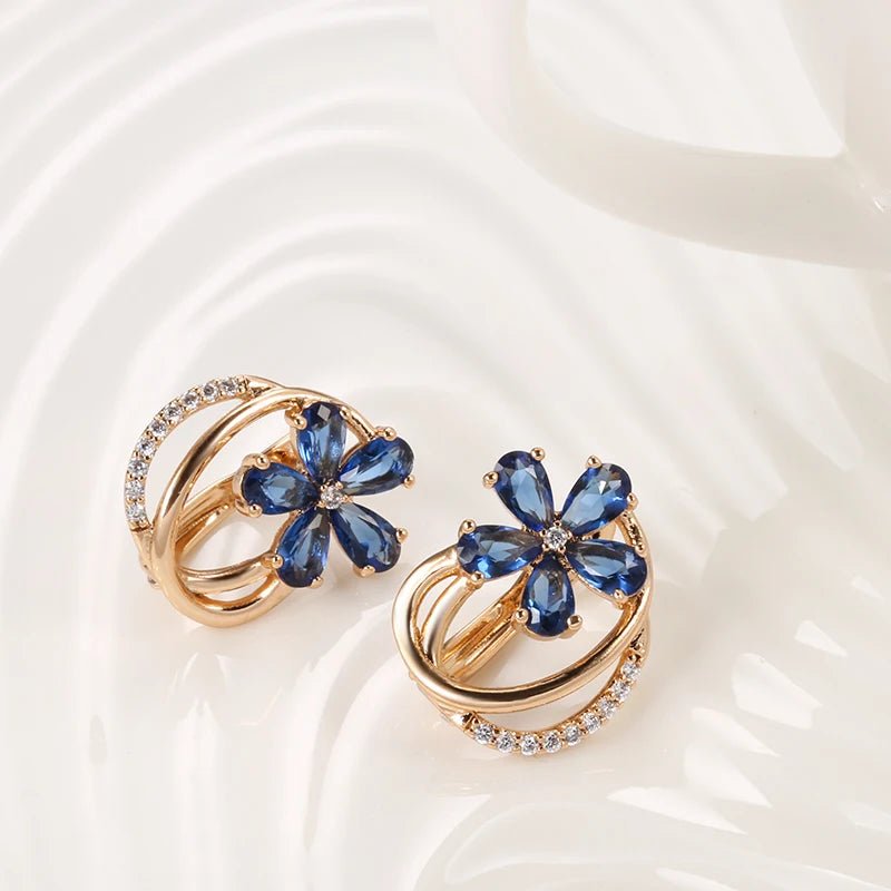 Gold Floral Earrings for Women with Blue Zircon Crystals – Elegant Five-Petal Design