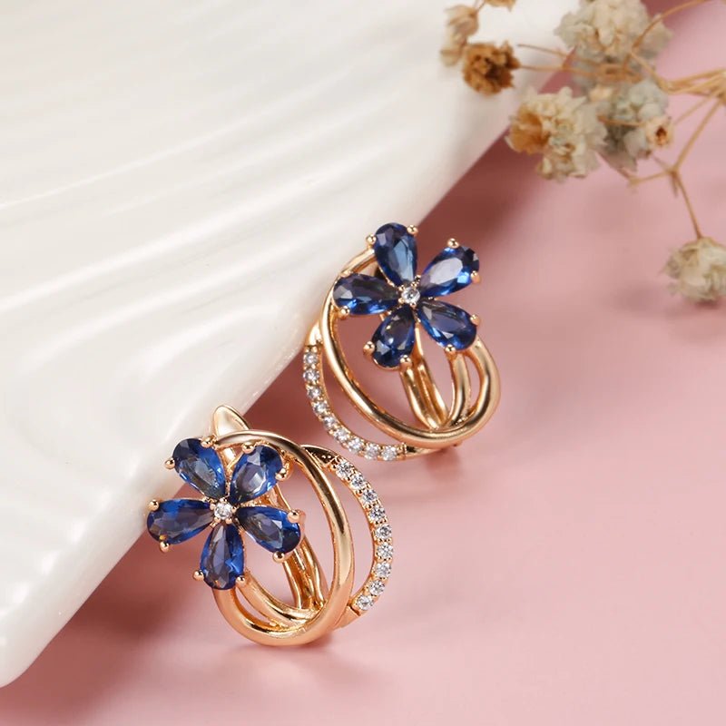 Gold Floral Earrings for Women with Blue Zircon Crystals – Elegant Five-Petal Design