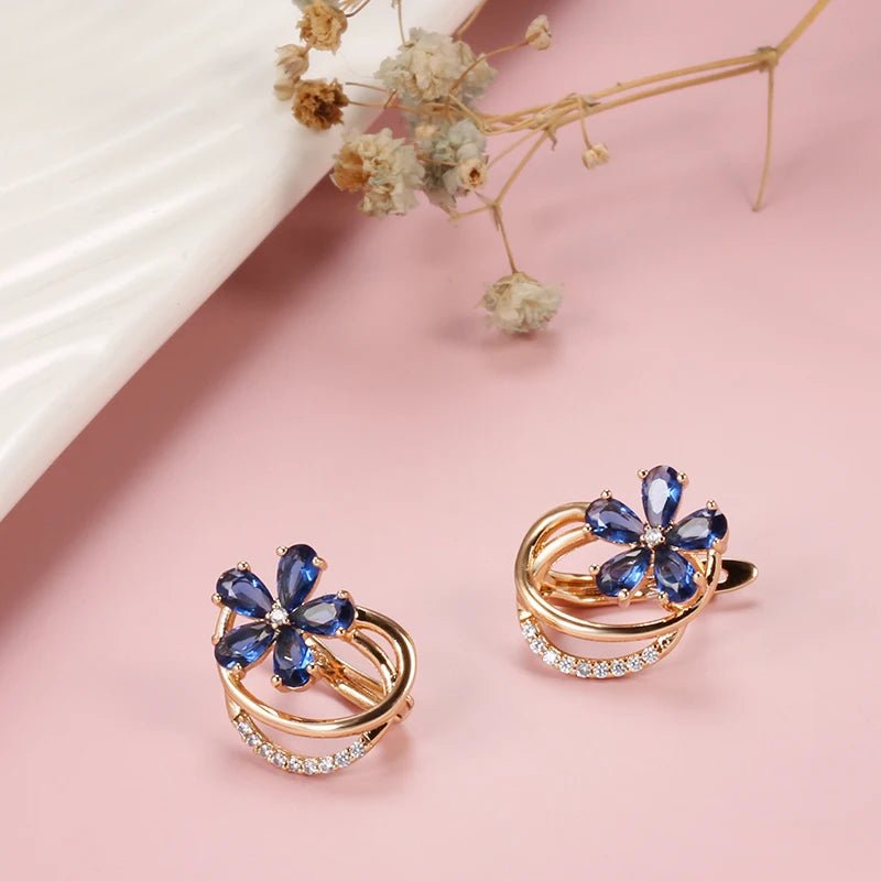 Gold Floral Earrings for Women with Blue Zircon Crystals – Elegant Five-Petal Design