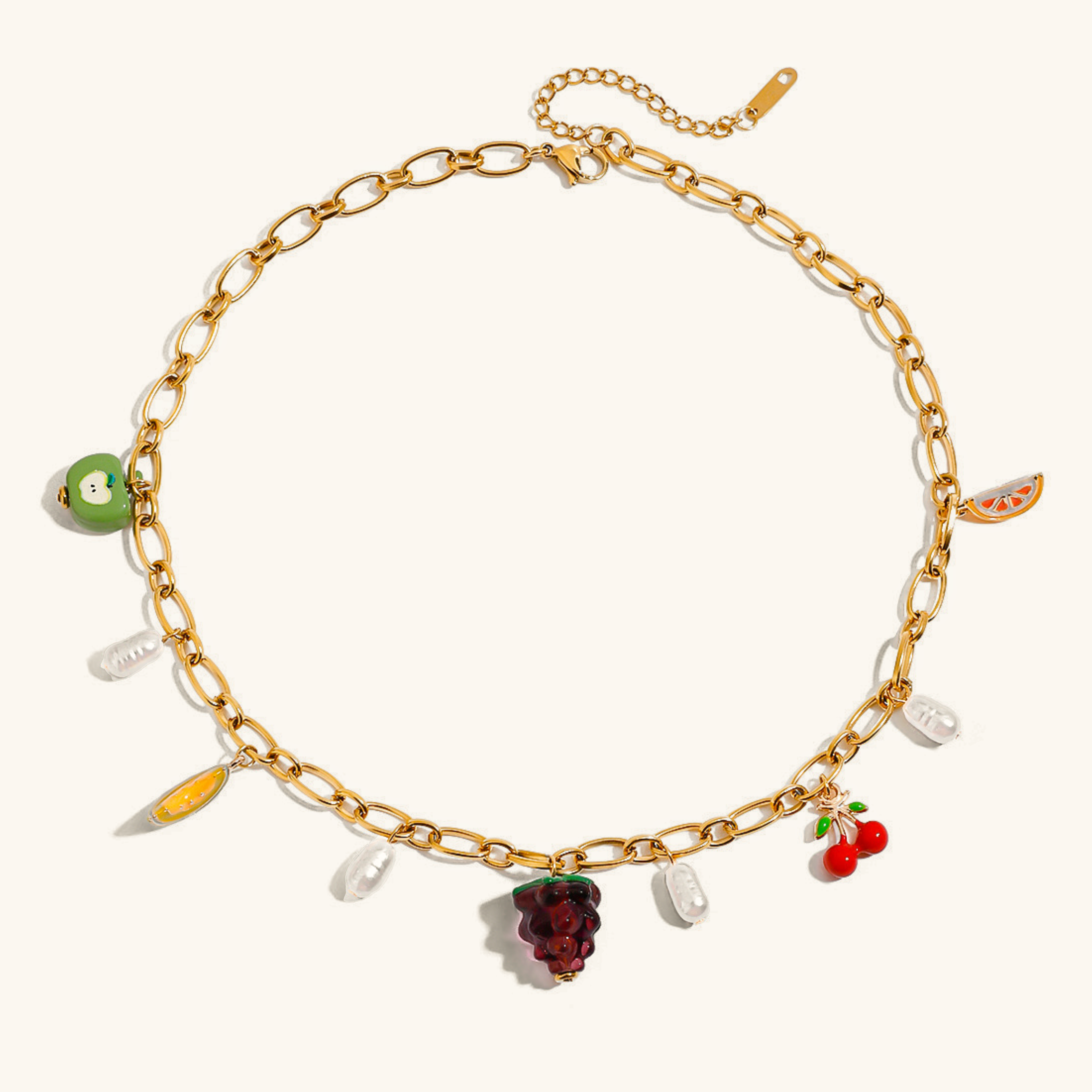 Gold Fruit Charm Necklace with Freshwater Pearls – Waterproof and Hypoallergenic