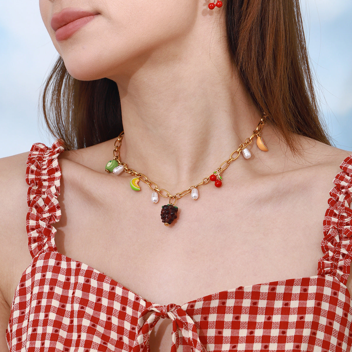 Gold Fruit Charm Necklace with Freshwater Pearls – Waterproof and Hypoallergenic