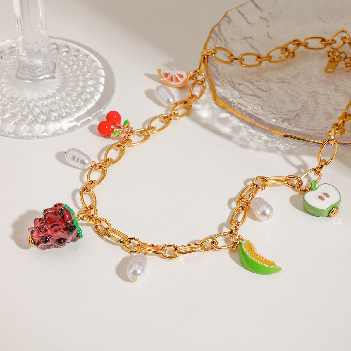 Gold Fruit Charm Necklace with Freshwater Pearls – Waterproof and Hypoallergenic