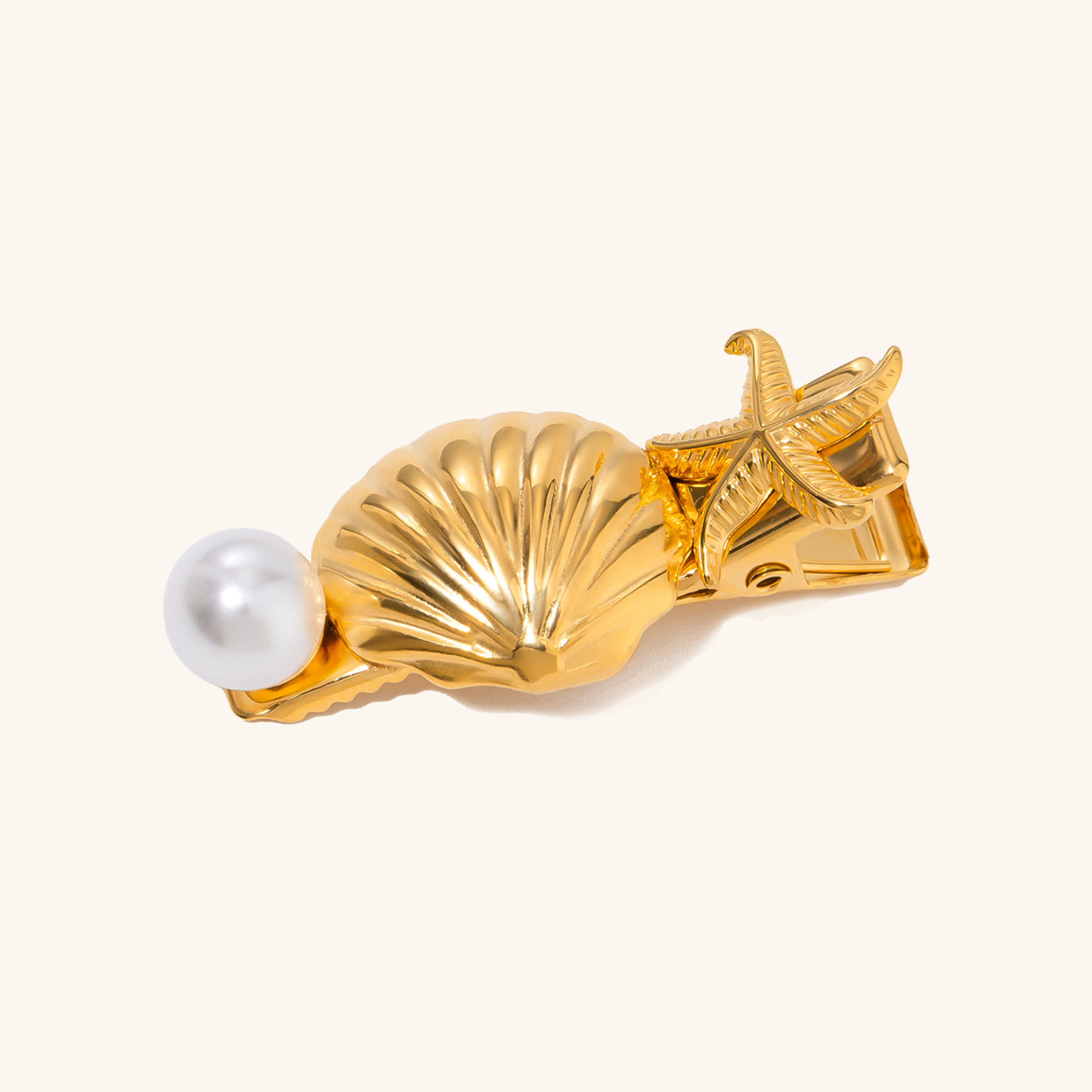 Gold Hair Clip with Freshwater Pearl and Seashell Design – Hypoallergenic, Waterproof, Ocean-Inspired Women's Hair Accessory