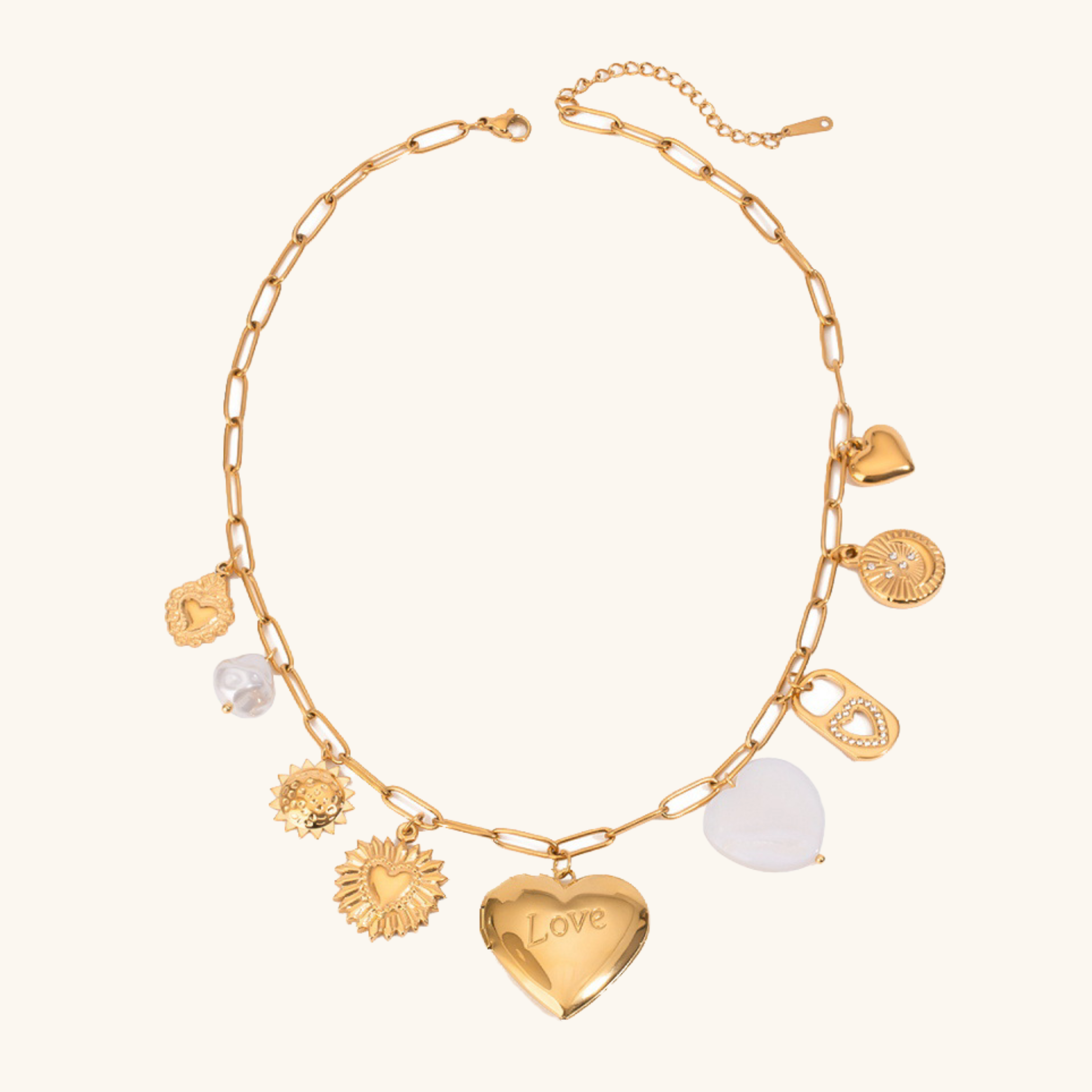 Gold Heart Locket Necklace with Freshwater Pearls on Paperclip Chain – Hypoallergenic and Waterproof Jewelry for Women