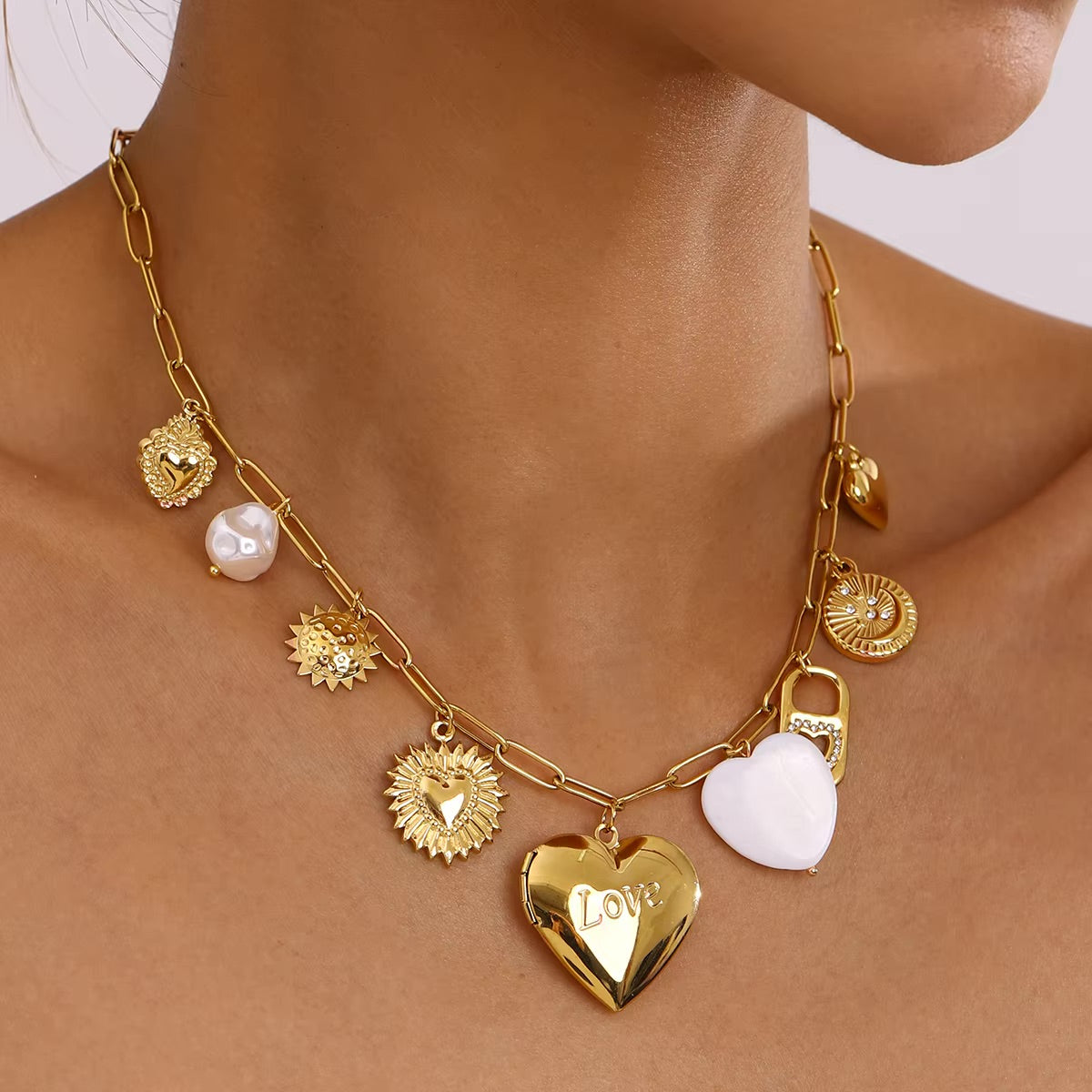 Gold Heart Locket Necklace with Freshwater Pearls on Paperclip Chain – Hypoallergenic and Waterproof Jewelry for Women