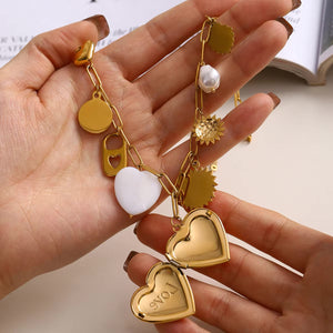 Gold Heart Locket Necklace with Freshwater Pearls on Paperclip Chain – Hypoallergenic and Waterproof Jewelry for Women