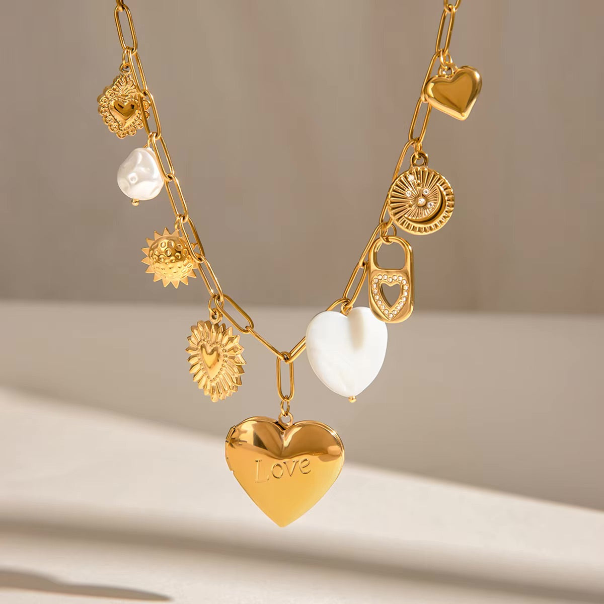 Gold Heart Locket Necklace with Freshwater Pearls on Paperclip Chain – Hypoallergenic and Waterproof Jewelry for Women