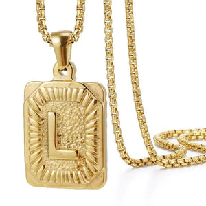 Gold Initial Necklace with Textured Rectangle Pendant – Personalized Stainless Steel Jewelry for Women